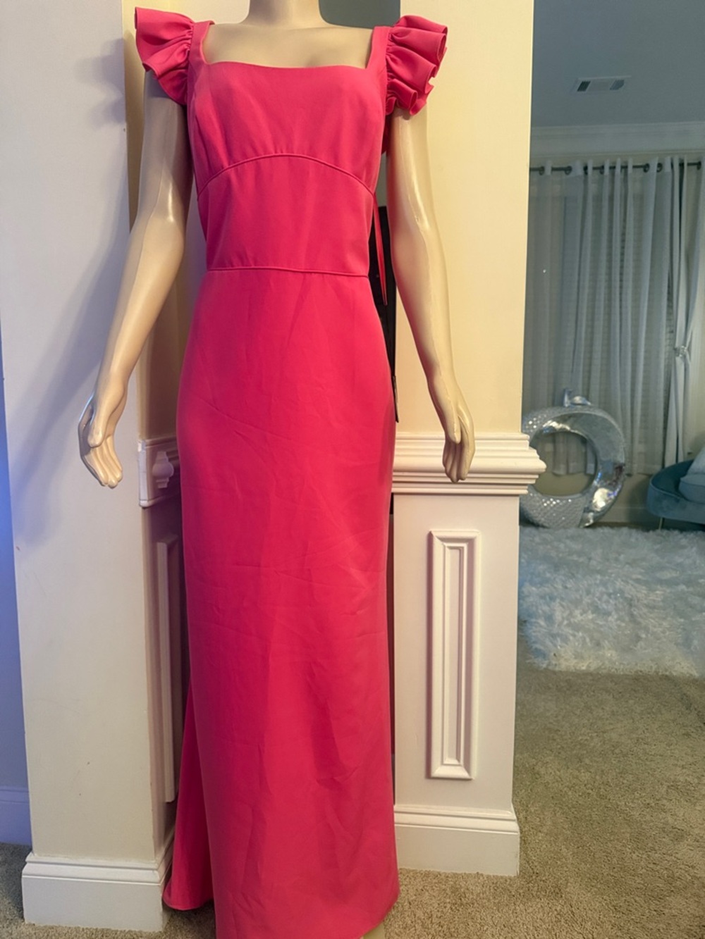 Hot Pink Square-Neck Maxi Dress with Ruffle Cap Sleeves